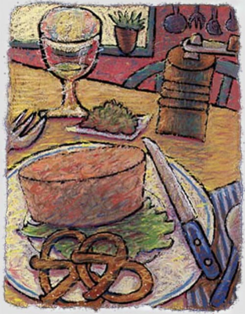 An old Penn Stater illustration of an undergrads table with tuna, pretzels, and macaroons.