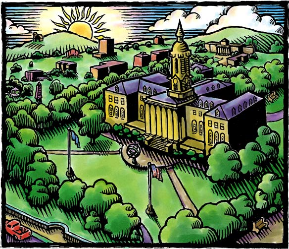 Digital woodcut of University Park campus.