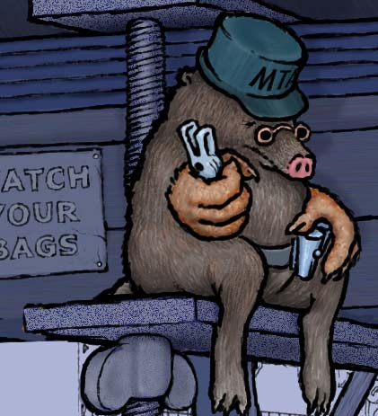 Cartoon drawing of a mole ticket taker on a tram.