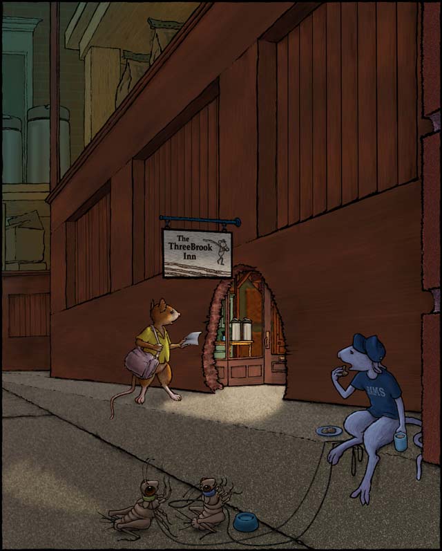 Mouse pauses before entering the Inn, and is observed by a young rat or mouse with two pet crickets.