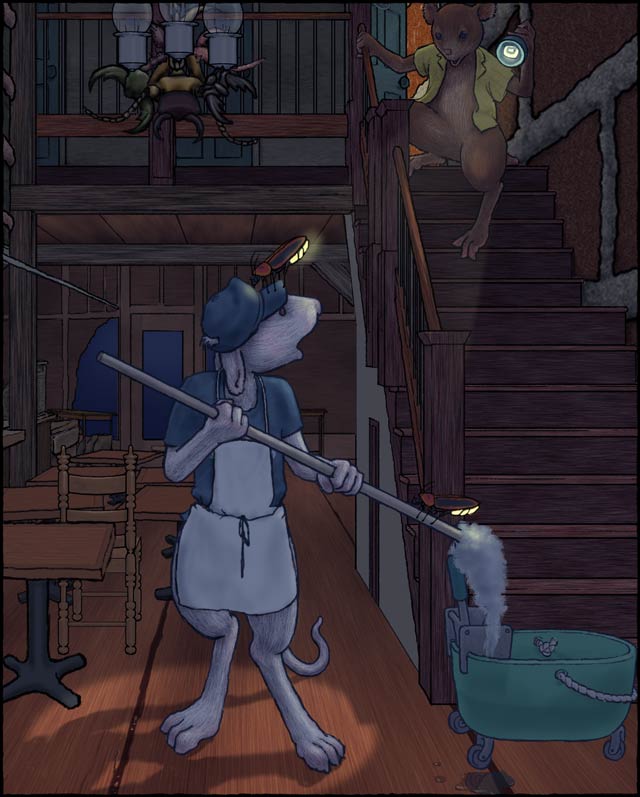 Mouse at the Inn, wakened by a noise in the middle of the night.