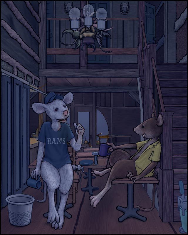 Mouse and the worker talk through the night over coffee and cookies.