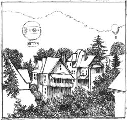 Sketch of balloons hovering over the Bellefonte townscape.