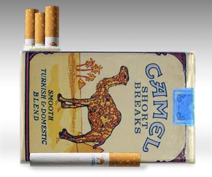A photo of Camel Short Breaks, a pack apparently on its side, with half size cigarettes.