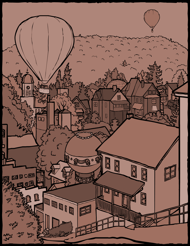 Sepia toned cartoon of balloons hovering over the Bellefonte townscape.