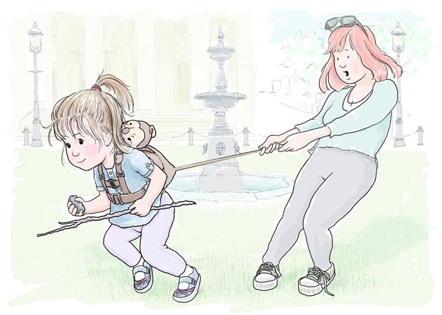 Cartoon of a young mother with her toddler on a tether.