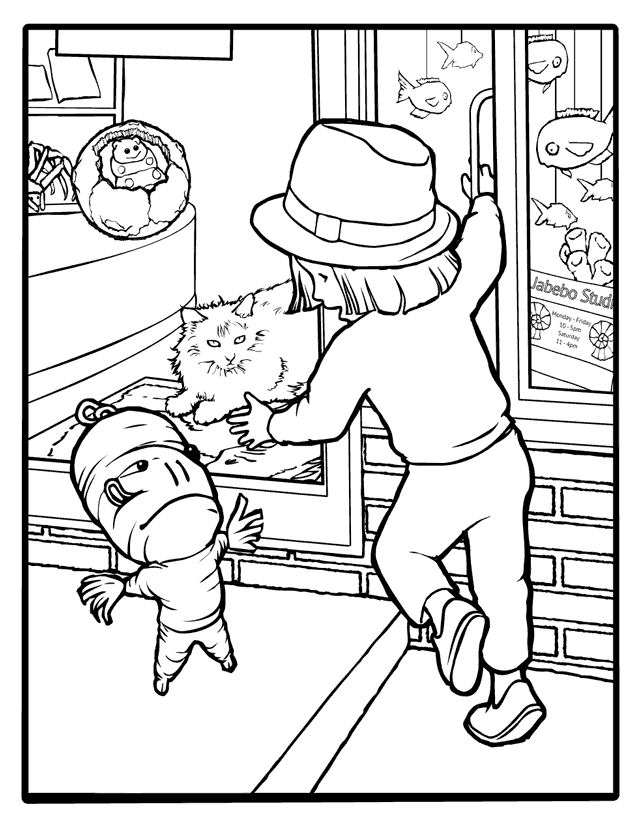 Black and white drawing of child reaching through a mail slot to pet a cat.