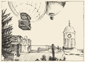 Pen and ink sketch of balloons over Bellefonte.
