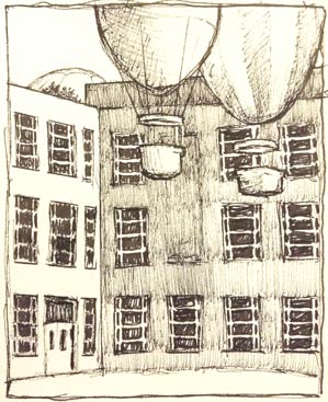 Pen and ink sketch of balloons over Bellefonte.