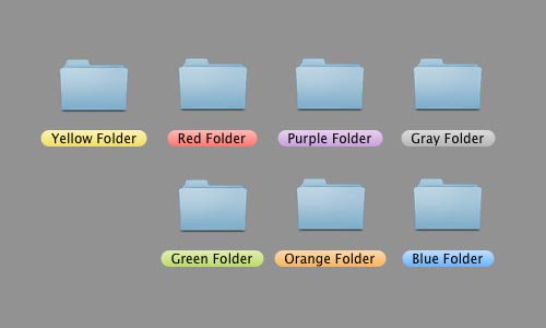 Seven folders with colored labels on a mac desktop.