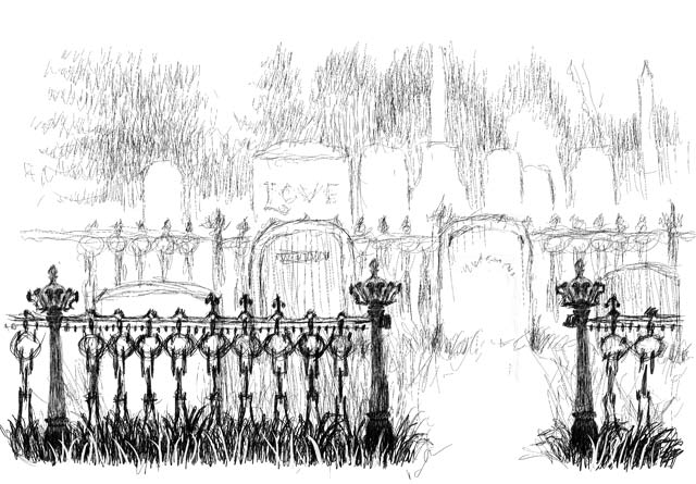 Loose sketch of a fence in Union Cemetery.