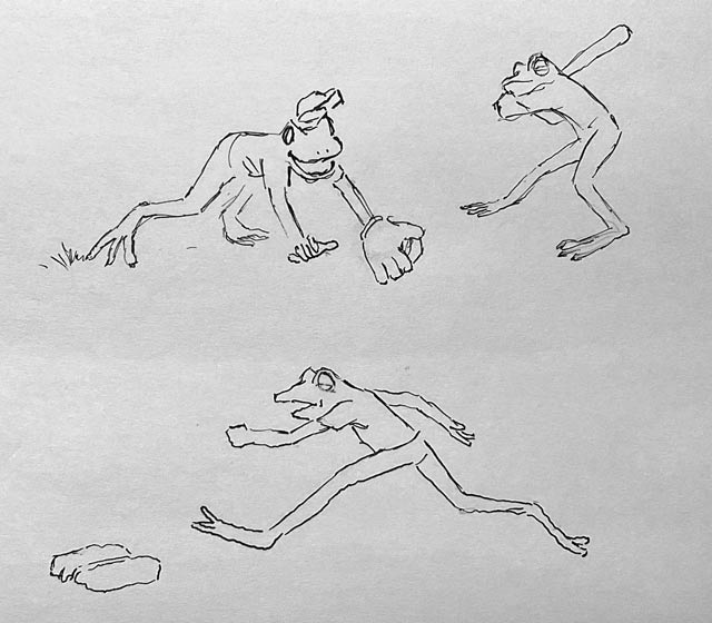 Small gesture sketches of the young frog playing ball.