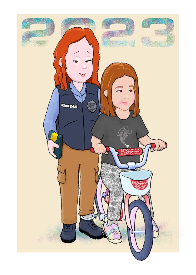 Eliza and Hailey, Eliza dressed for work, smiling, with handcuffs on her ankle and Hailey's bike; Hailey looks slightly disgruntled.