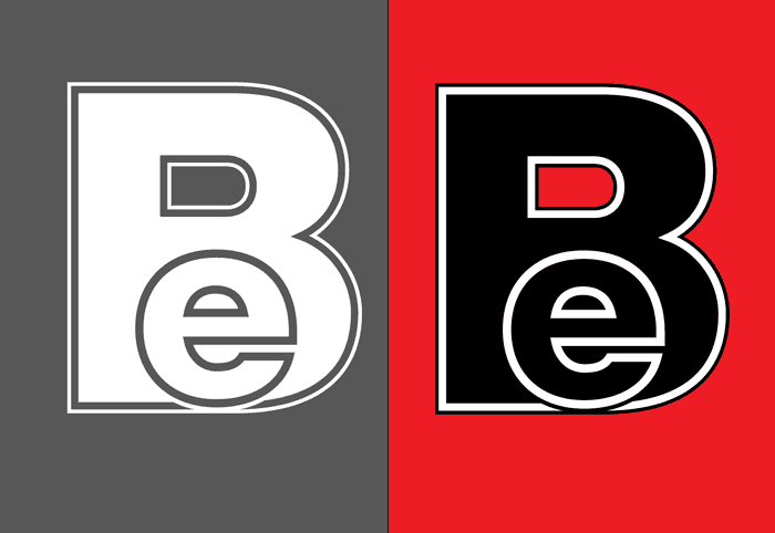 A sans serif uppercase B with a lowercase e superimposed, both double stroked in white and black.