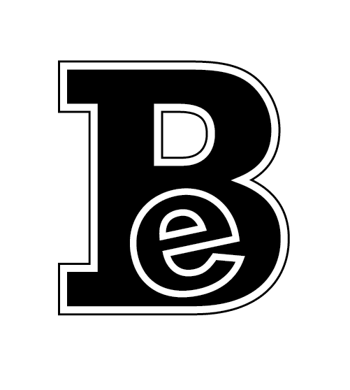 A slab serif uppercase B with a lowercase e superimposed on an angle, both double stroked in white and black.