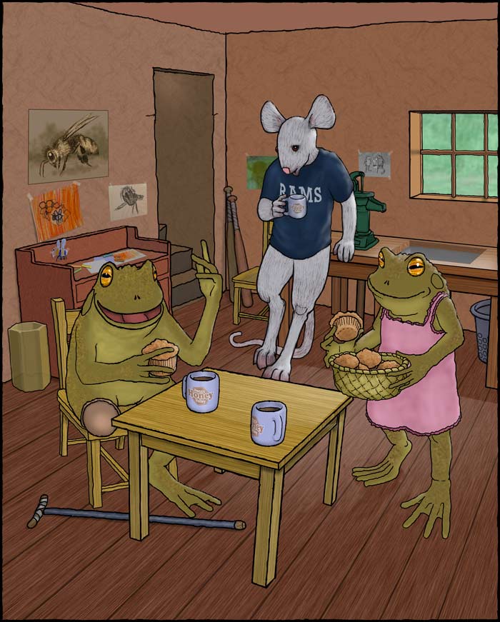 Toads having muffins in their kitchen, with their adopted son, the ball player.