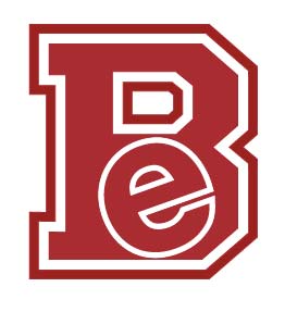 A slab serif uppercase B with a lowercase e superimposed on an angle, both double stroked in white and red.