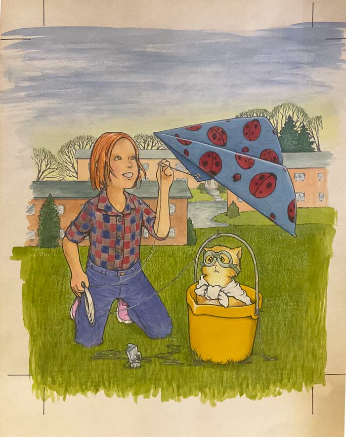 Young girl in a field by apartment buildings, tieing a kite to a bucket that has a cat in it, wearing flight goggles.