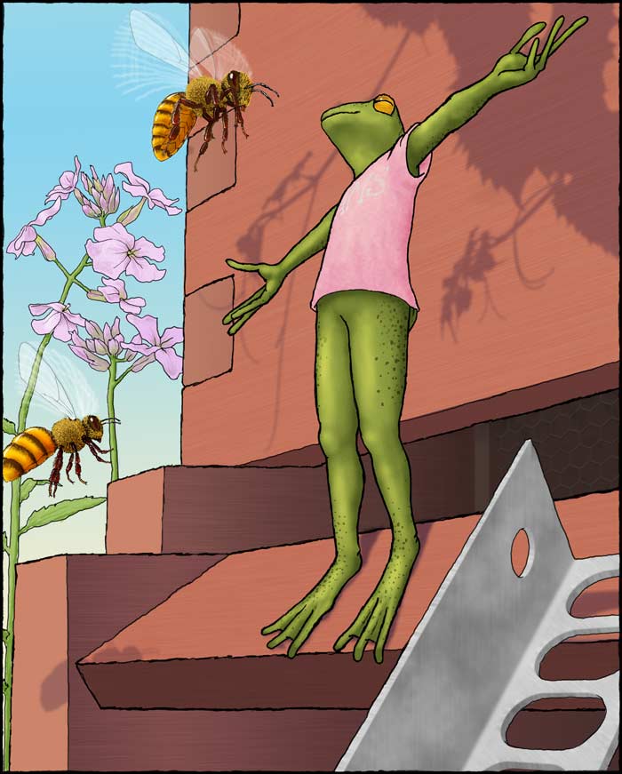 Warren's sister, motionless, arms spread, on the ramp of the hive as a bee hovers in front of her face.