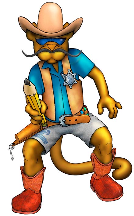 Illustrated lion mascot in old west sheriffs garb, holding a pencil like a drawn gun.